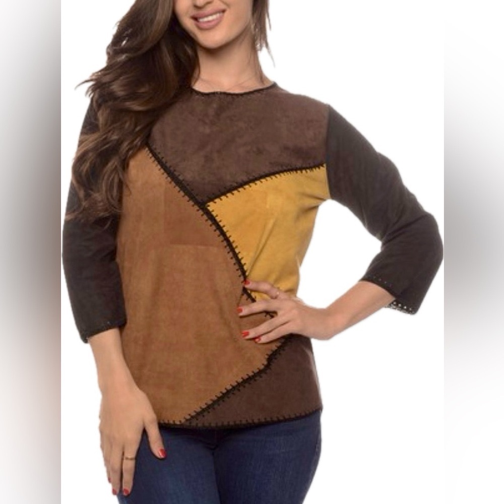 DIVA D Brown and Yellow Suede Patchwork Top. NWT